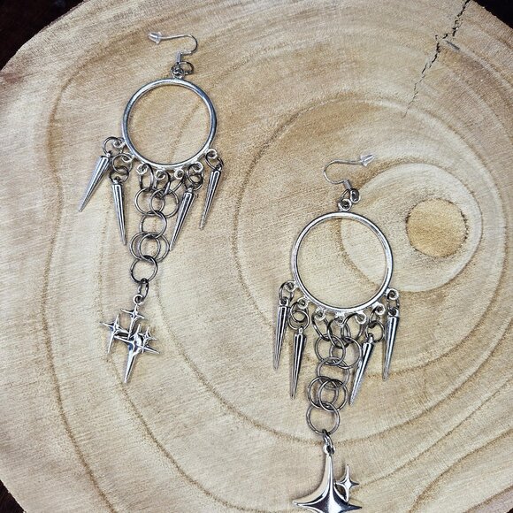 Bold Metal Spike Dangle Earrings With Star Pendants - Reclaim Power Over Anxiety - Picture 4 of 4